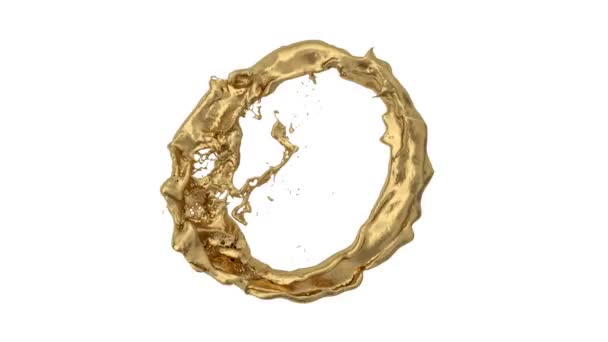 Кольцо Жидкого Золота Брызги Течения Замедленной Съемке Изолированные Белом Фоне — стоковое видео