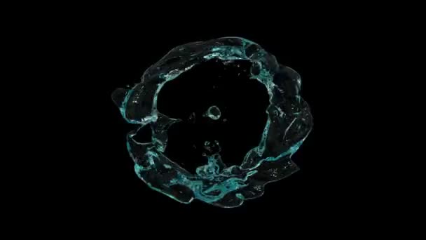 Spetter Ring Van Turkoois Blauw Water Transformeert Drop Geïsoleerd Zwarte — Stockvideo