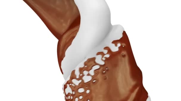 Flux de chocolat et de crème au lait tourbillonnant au ralenti, isolé sur fond blanc . 