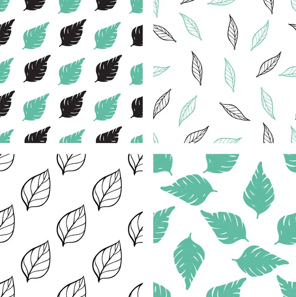 Set Decorative Vector Floral Seamless Patterns Green Black Leaves White — Stock Vector