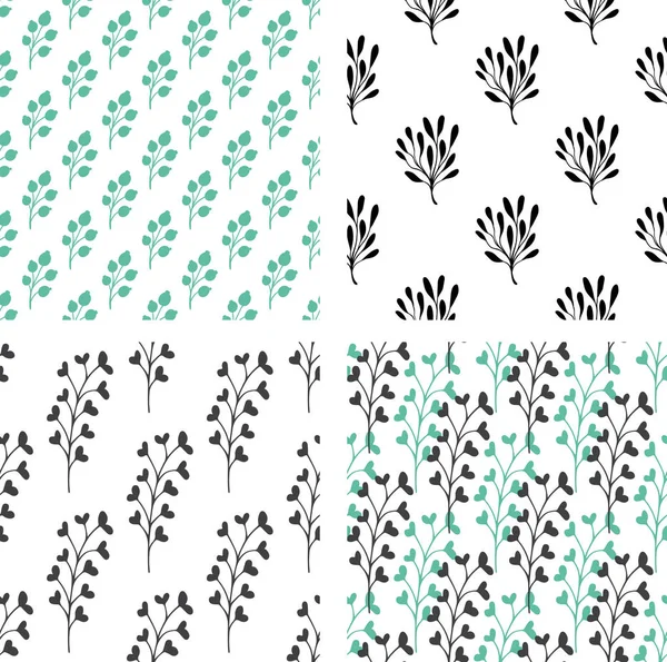 Set Decorative Vector Seamless Patterns Green Black Florals White Background — Stock Vector