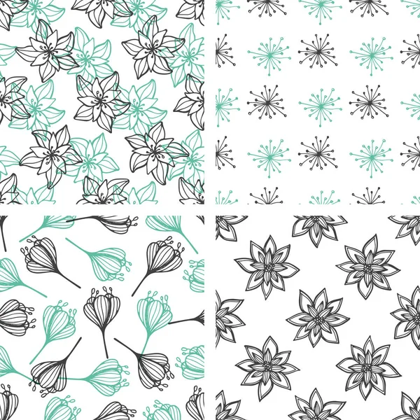 Set Van Het Naadloze Bloemenpatronen Decoratieve Vector Met Groene Zwarte — Stockvector