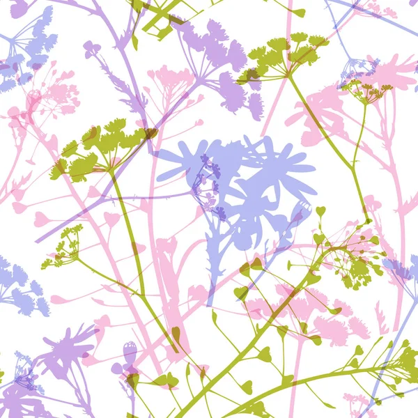 Abstrakte Florale Nahtlose Muster Mit Wildblumen Und Blättern Auf Weißem — Stockvektor