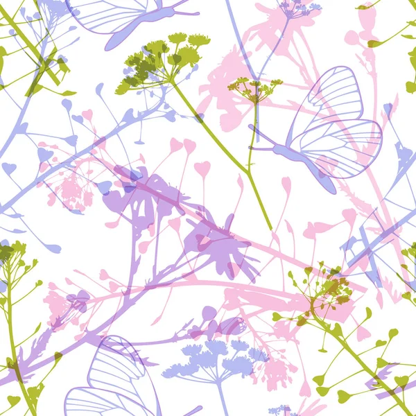 Abstract Floral Seamless Pattern Butterflies Wildflowers Leaves White Background — Stock Vector