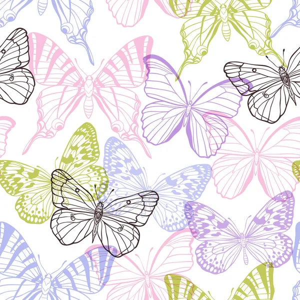 Patrón Inconsútil Vectorial Decorativo Con Mariposas Rosadas Violetas Verdes Sobre — Vector de stock