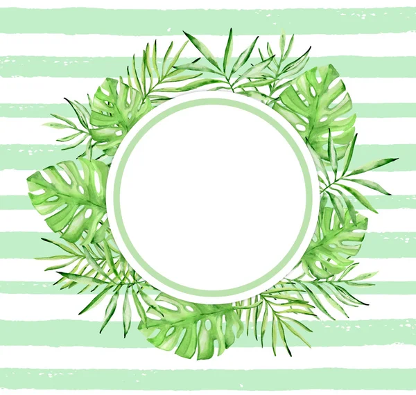 Watercolor Tropical Floral Frame Palm Leaves Green Lines White Background — Stock Photo, Image