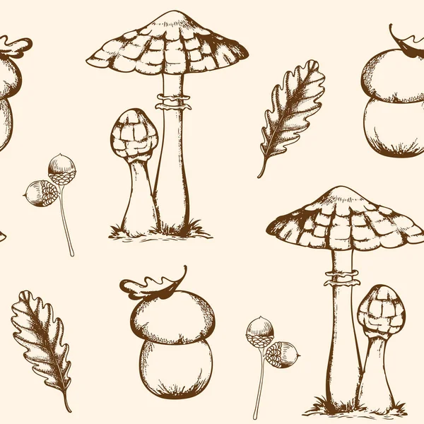 Vintage Hand Drawn Vector Seamless Pattern Mushrooms Acorns Falling Oak — Stock Vector