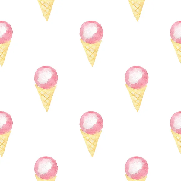白地にワッフル コーンでピンクのアイスクリームと水彩のシームレス パターン — ストック写真