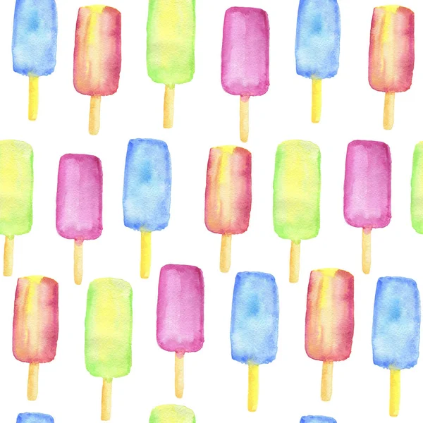 Watercolor Seamless Pattern Blue Pink Green Ice Cream White Background — Stock Photo, Image