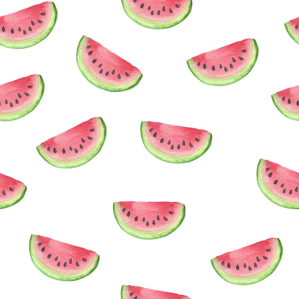 Zomer Aquarel Naadloze Patroon Met Plakjes Rode Rijpe Watermeloen Een — Stockfoto