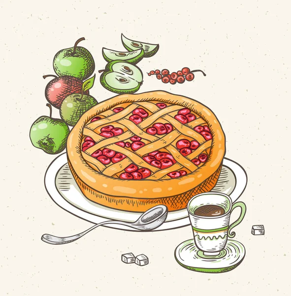 Tarte Aux Fruits Frais Pommes Tasse Café Illustration Vectorielle Dessinée — Image vectorielle