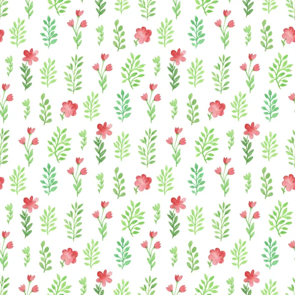 Sömlös Akvarell Blommönster Med Gröna Blommor Och Blad Vit Bakgrund — Stockfoto