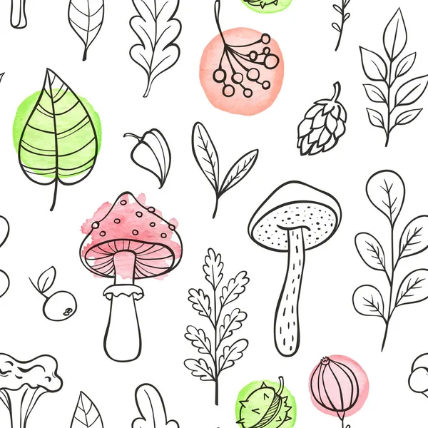 Autumn Doodle Seamless Pattern Mushrooms Leaves Plants White Background Hand — Stock Vector