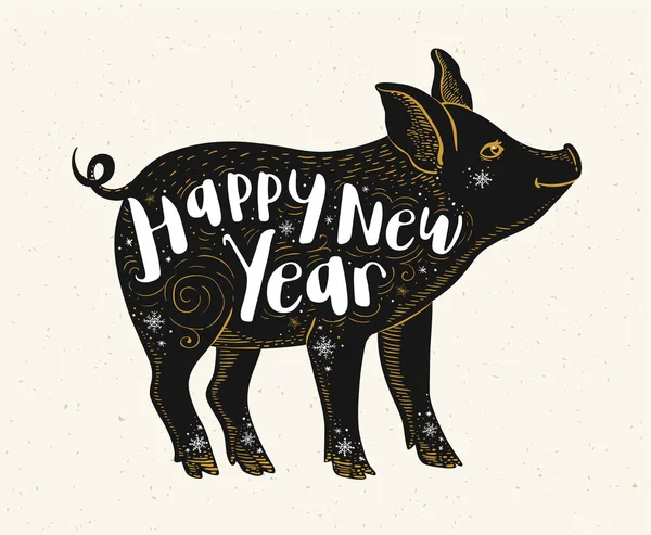 可爱的猪象征中国的黄道带2019年新年 猪的黑色轮廓和字母 手绘矢量图解 — 图库矢量图片