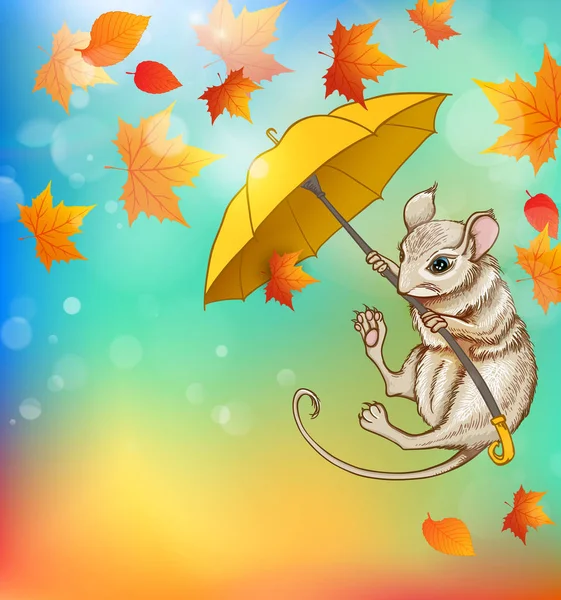 귀여운 마우스 단풍나무와 우산에 나뭇잎 — 스톡 벡터