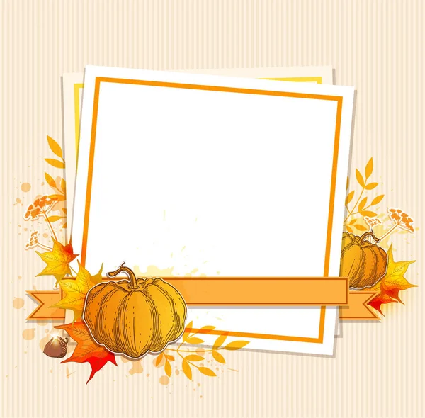 Autumn Vintage Vector Background Orange Pumpkins Maple Leaves White Sheet — Stock Vector