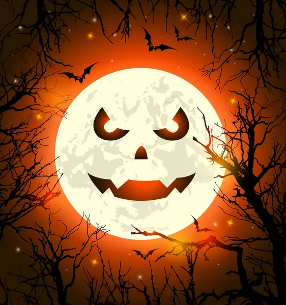 Halloween Kartka Pozdrowieniami Straszną Twarzą Księżycu Nietoperze Sylwetka Drzewa Ilustracja — Wektor stockowy