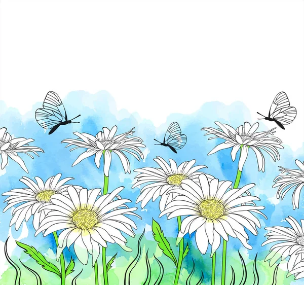 洋甘菊花和蝴蝶在蓝色水彩画背景 手绘的向量例证 — 图库矢量图片