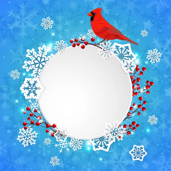 Vector Christmas Banner White Paper Snowflakes Red Cardinal Bird Blue — Stock Vector