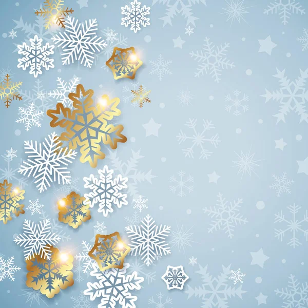 Abstracte Kerstmis Achtergrond Met Witte Gouden Sneeuwvlokken Ontwerp Voor Nieuwjaar — Stockvector