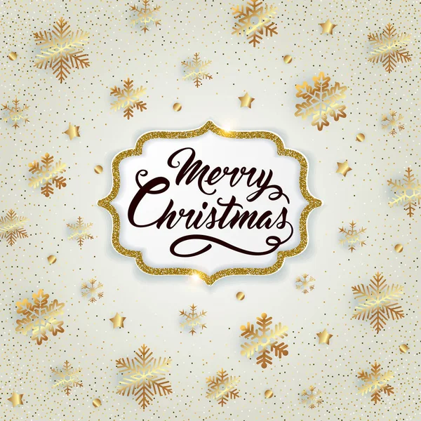 Kerst Gouden Reflecterende Achtergrond Met Sneeuwvlokken Confetti Merry Christmas Belettering — Stockvector