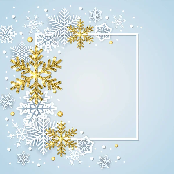 Téli Kerettel Kék Alapon Fehér Arany Hópelyhek Design Karácsony Újév — Stock Vector