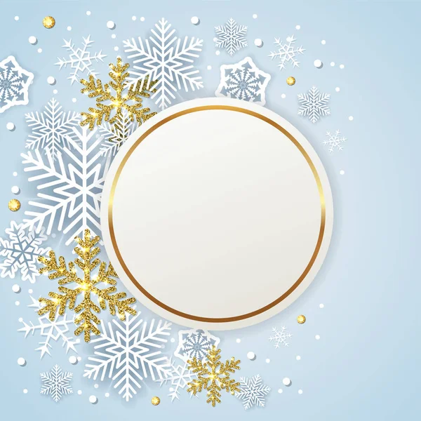 Okrągłe Transparent Białe Złote Płatki Śniegu Niebieskim Tle Projektowanie Boże — Wektor stockowy