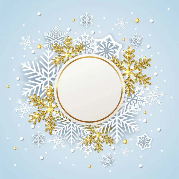 Okrągłe Zima Transparent Białe Złote Płatki Śniegu Niebieskim Tle Projektowanie — Wektor stockowy