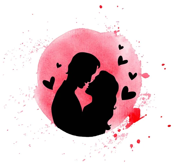 向量情人节贺卡与红色水彩斑点和情侣剪影在爱在白色背景 — 图库矢量图片