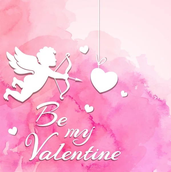 Roze Aquarel Romantische Valentijn Achtergrond Met Cupido Harten Gesneden Uit — Stockvector