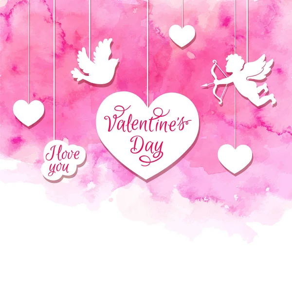 Aquarelle Rose Romantique Fond Saint Valentin Avec Cupidon Coeurs Découpés — Image vectorielle