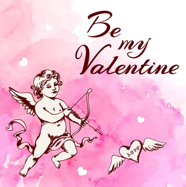 Romantische Valentinskarte Mit Amor Und Herz Auf Rosa Aquarell Hintergrund — Stockvektor
