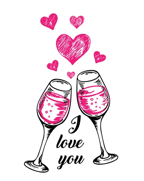 Valentine Greeting Card Two Glasses Red Wine Hearts White Background — Stock Vector