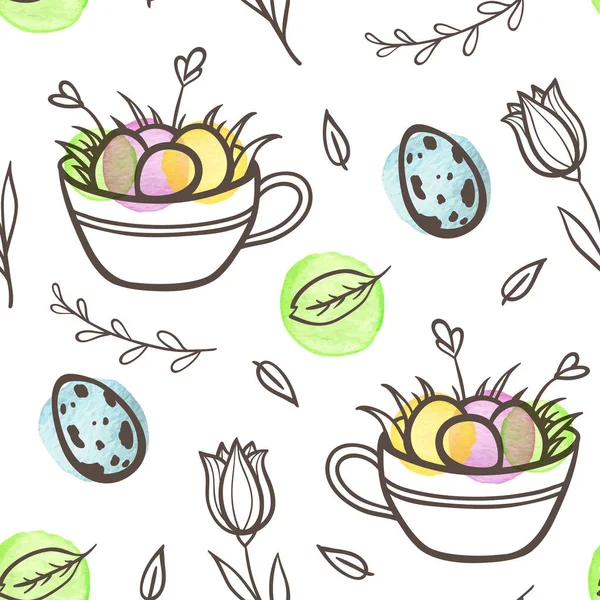 Hand Drawn Doodle Easter Seamless Pattern Eggs Florals White Background — Stock Vector