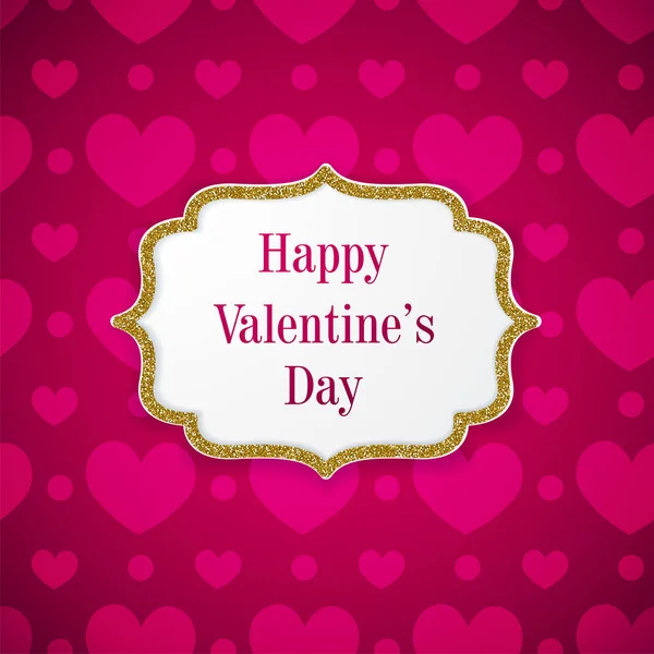ピンクの心とゴールデン フレーム ヴィンテージ バレンタイン グリーティング カード ロマンチックなベクトルの背景 — ストックベクタ