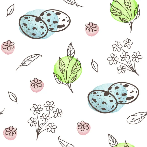 Hand Drawn Doodle Easter Seamless Pattern Eggs Florals White Background — Stock Vector