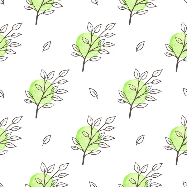 Ручной Рисунок Зеленый Весенний Цветочный Бесшовный Узор Листьями Акварельными Пятнами — стоковый вектор
