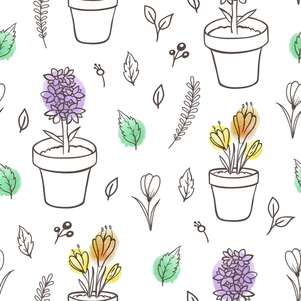 Patrón Sin Costura Floral Primavera Garabato Dibujado Mano Con Hojas — Archivo Imágenes Vectoriales