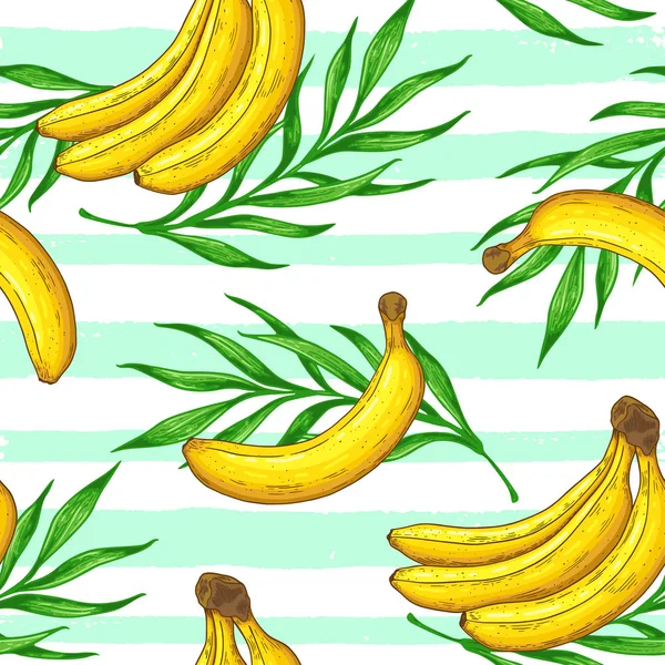 Patroon met bananen en groene Palm bladeren. — Stockvector