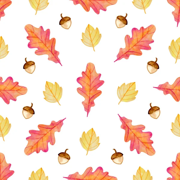 Pattern with acorns and orange oak leaves. — Stock Photo, Image