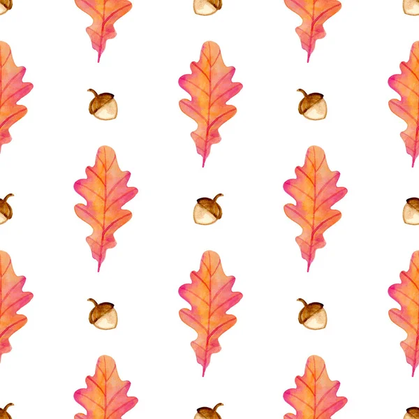 ドングリとオークの葉と水彩のパターン. — ストック写真