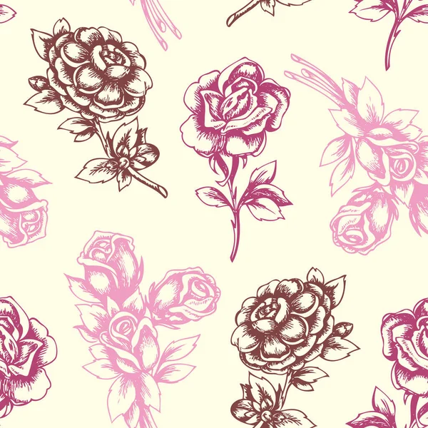 ピンクのバラとヴィンテージ手描き花シームレスパターン ベクトル背景 — ストックベクタ