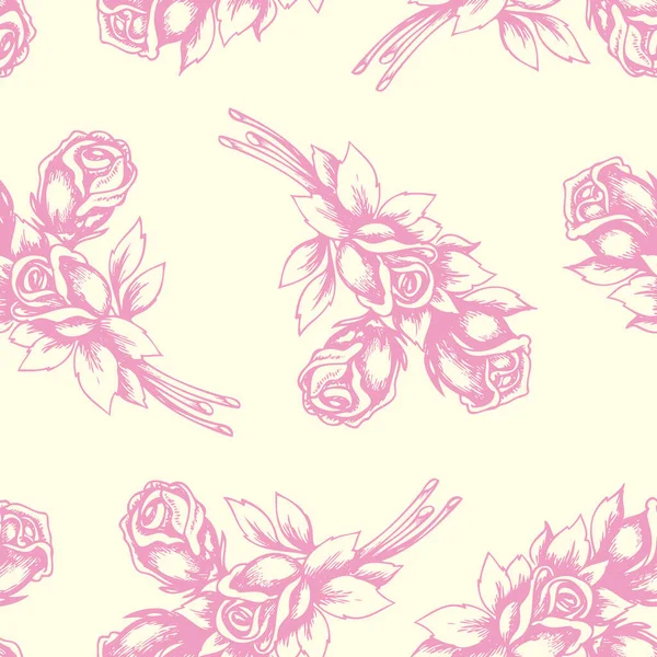 ピンクのバラとヴィンテージ手描き花シームレスパターン ベクトル背景 — ストックベクタ