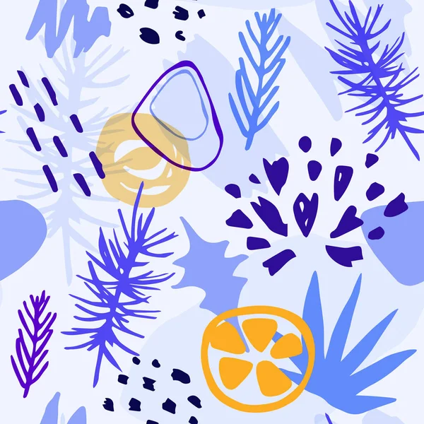 抽象的な松の枝や柑橘類と青い冬のシームレスなパターン 装飾的な季節のベクトル背景 — ストックベクタ