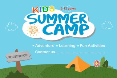 Çocuklar yaz kampı poster tasarımı. vektör illüstrasyonu