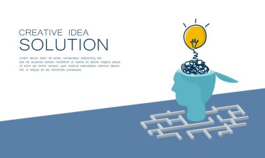 İş danışmanı. Yaratıcı pazarlama. Problem çözme süreci ve analizi, daha iyi sonuçlar elde etmek için fikir geliştirerek yapıyoruz. Kopya uzayı olan vektör tasarımı. Baş sembolü ve labirenti olan ampul.