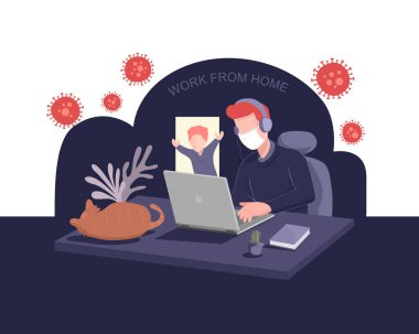 Coronavirus salgını sırasında evcil hayvan ve çocuğunla evde çalış. Tıbbi maske takan bir adam. Virüs salgınının yayılmasını önlemek için evde kalarak sosyal mesafeli davranma kavramı. vektör illüstrasyonu.