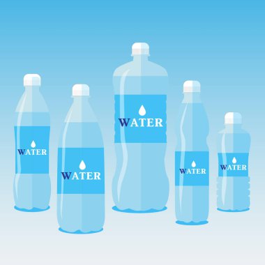 Ayarla 0f 5 şişe su. 1, 0,5, 0,33, 1,5, 2.