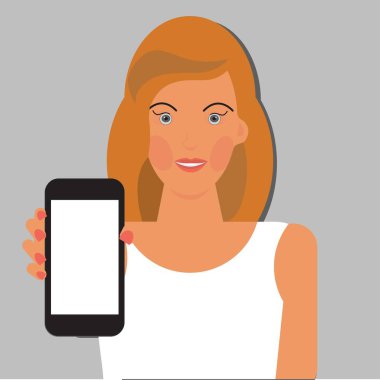 Boş ekran ile smartphone tutan genç bir kız vektör düz çizim