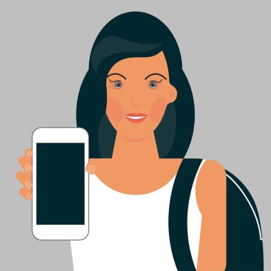 Bir genç kız sırt çantası ve smartphone düz vektör çizim
